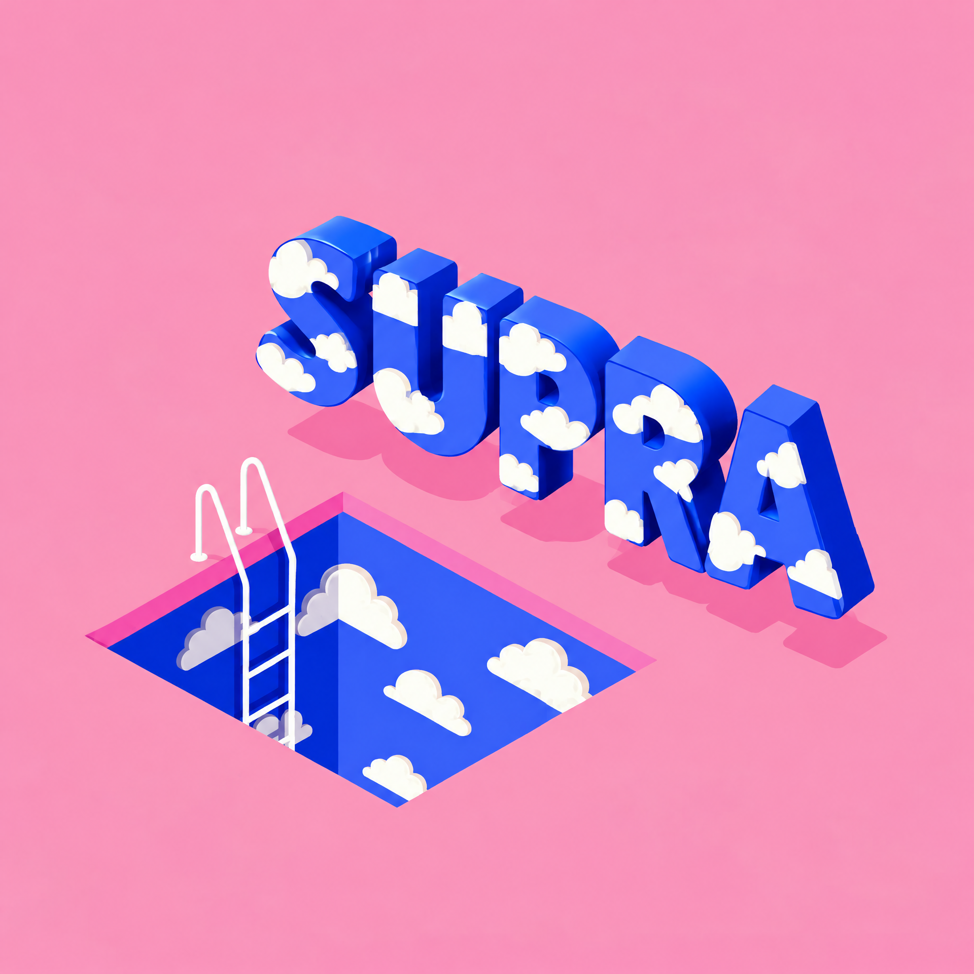 Giant cobalt SUPRA letters covered in clouds beside a square portal of blue sky with a pool ladder, on a pink ground